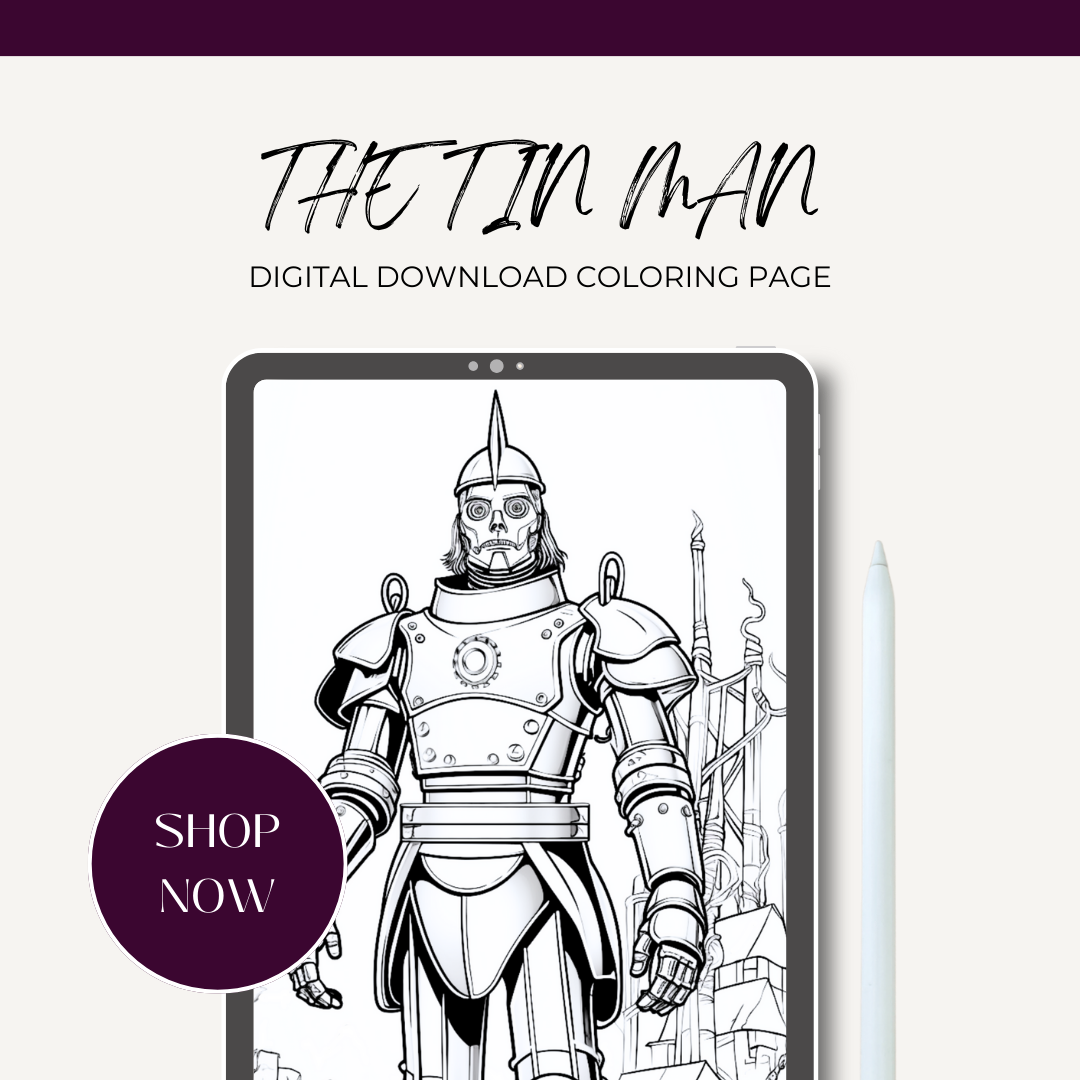 The Wizard of Oz, Tin Man, Printable Black and White, Coloring page for adults, Relaxation, Printable PDF for Instant Download, Book Lover