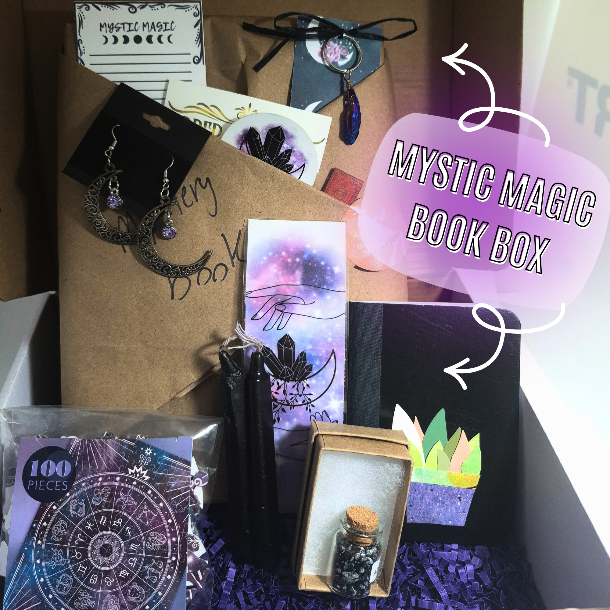 Mystic Magic Bookish Box front view – blind YA fantasy novel with witchy moon earrings, crystal keychain, bookmark