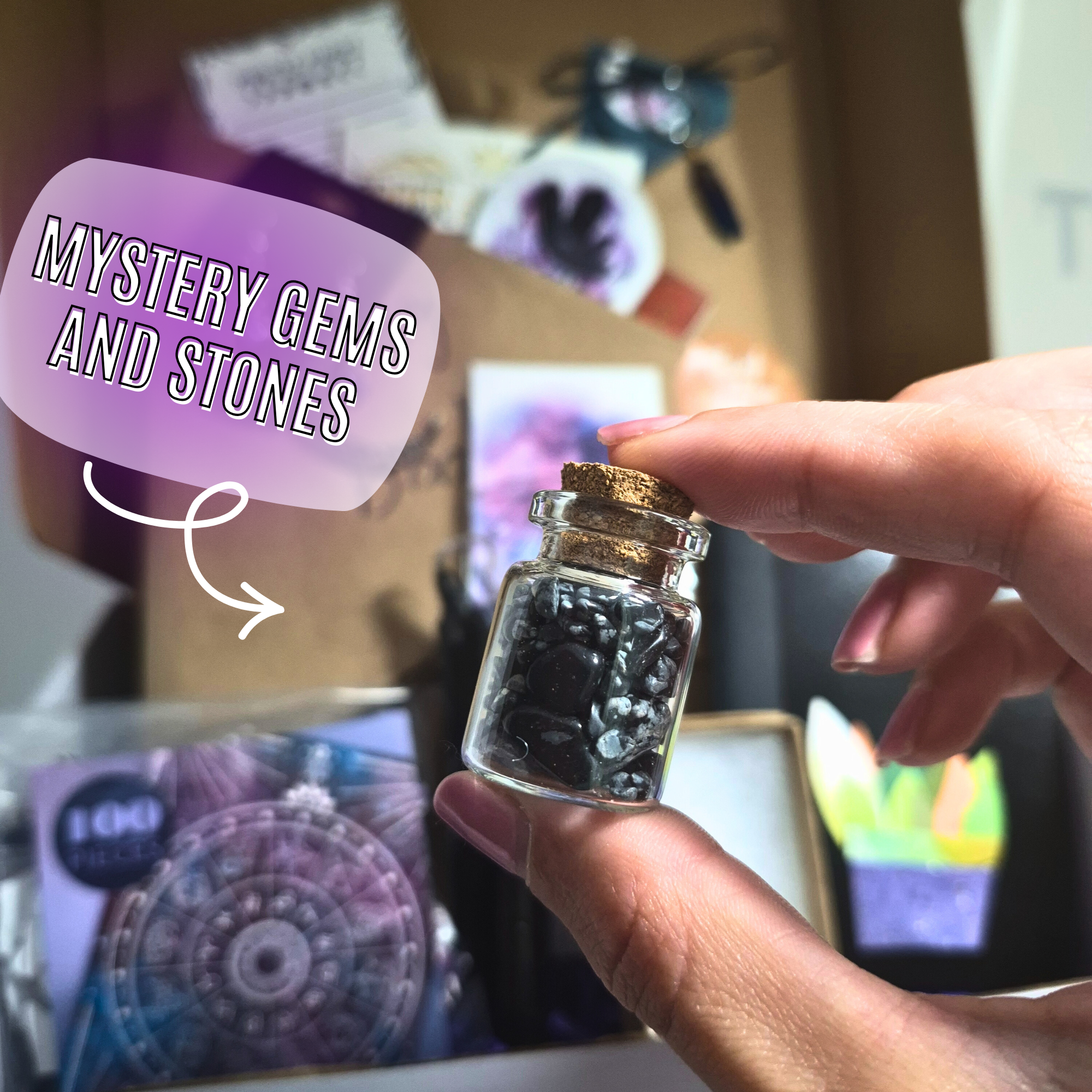 Mystic Magic Bookish Box front view – blind YA fantasy novel with witchy moon earrings, crystal keychain, bookmark