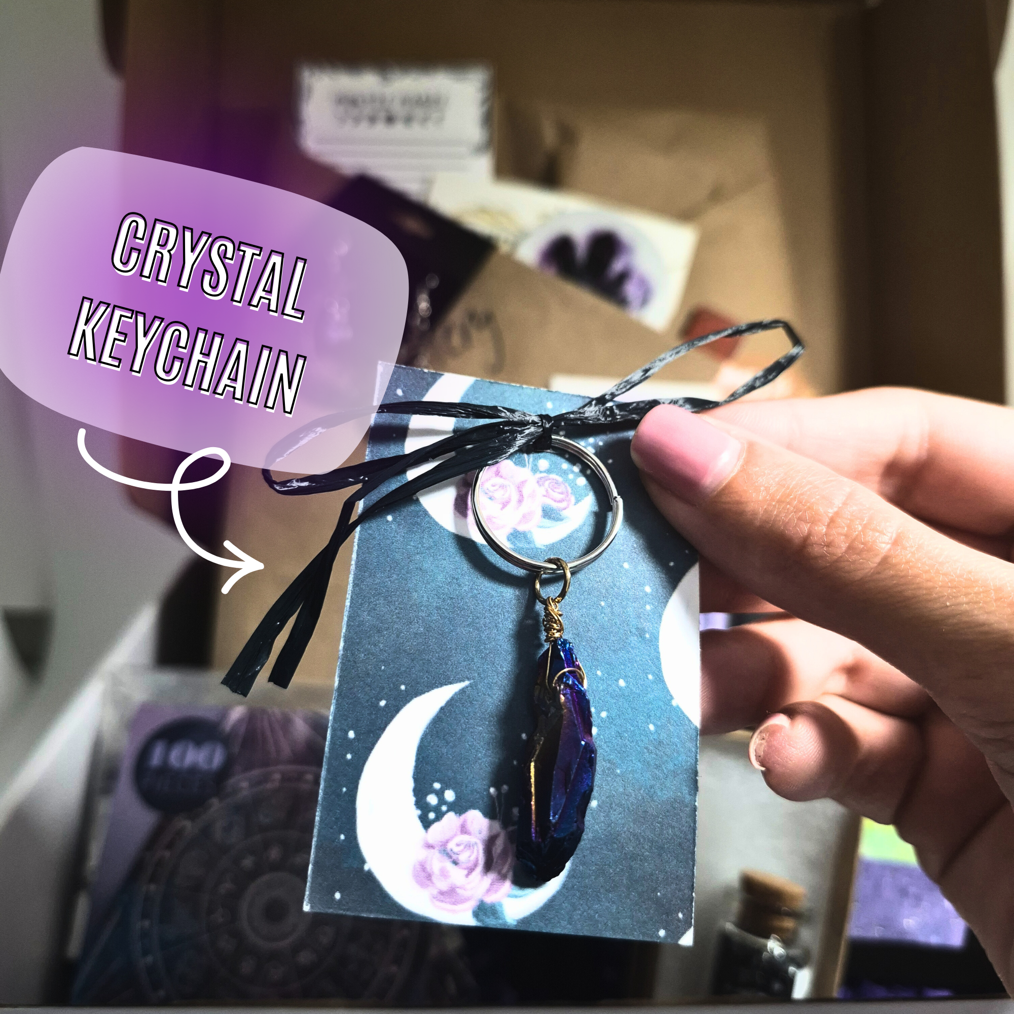 Mystic Magic Bookish Box front view – blind YA fantasy novel with witchy moon earrings, crystal keychain, bookmark
