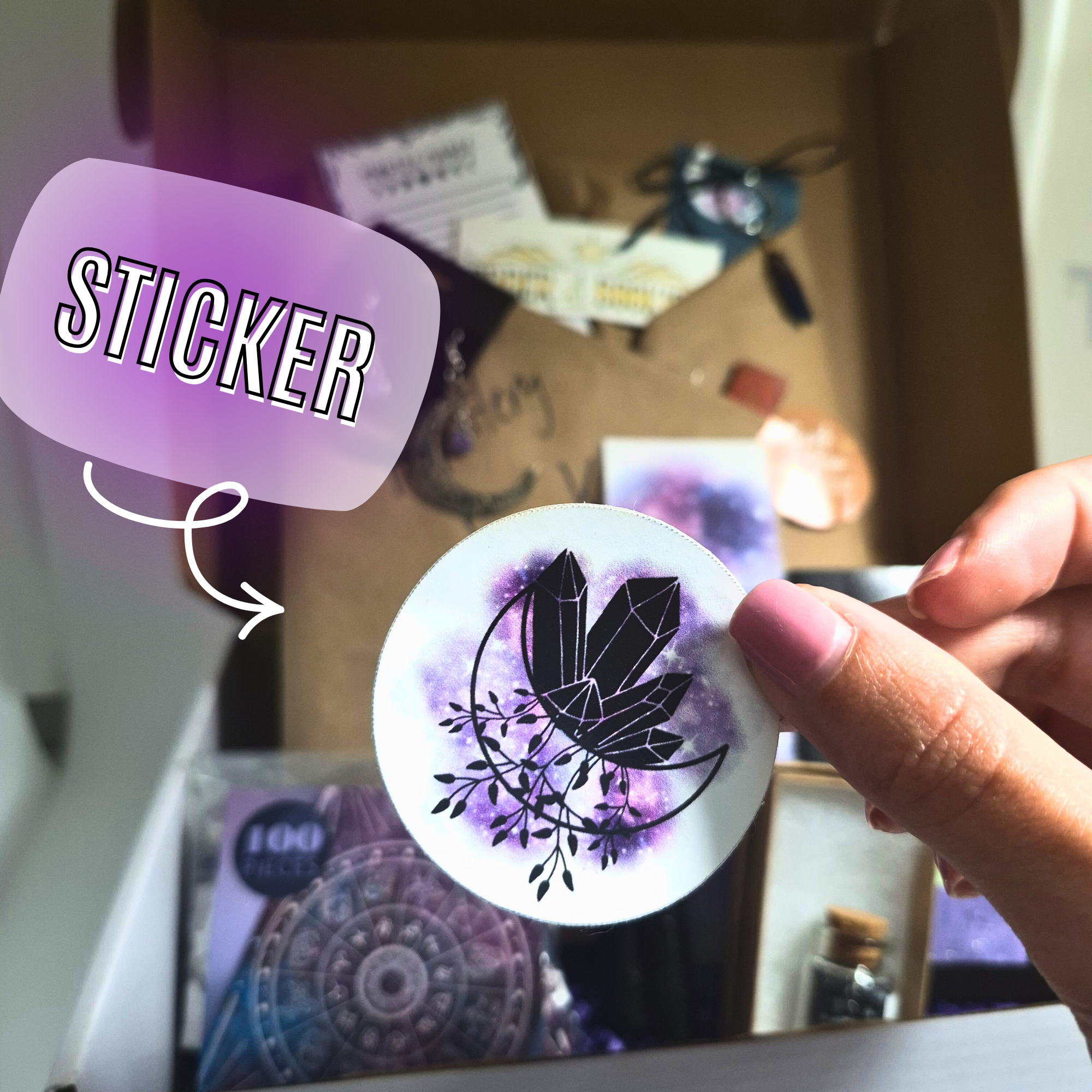 Mystic Magic Bookish Box front view – blind YA fantasy novel with witchy moon earrings, crystal keychain, bookmark
