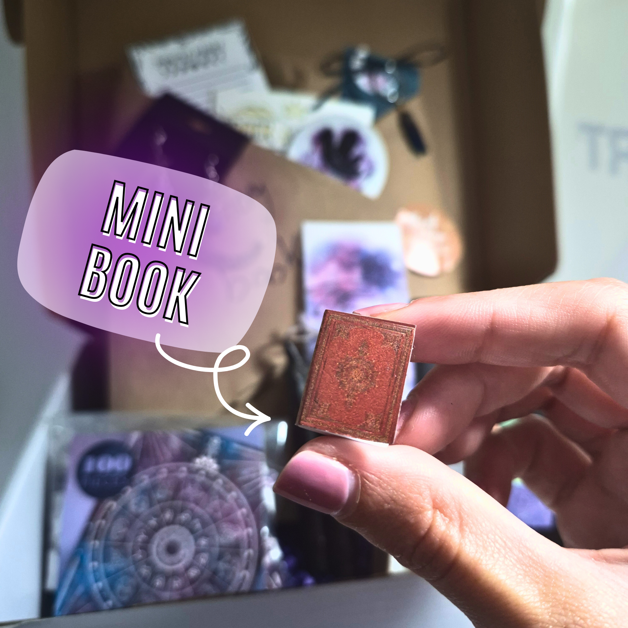 Mystic Magic Bookish Box front view – blind YA fantasy novel with witchy moon earrings, crystal keychain, bookmark