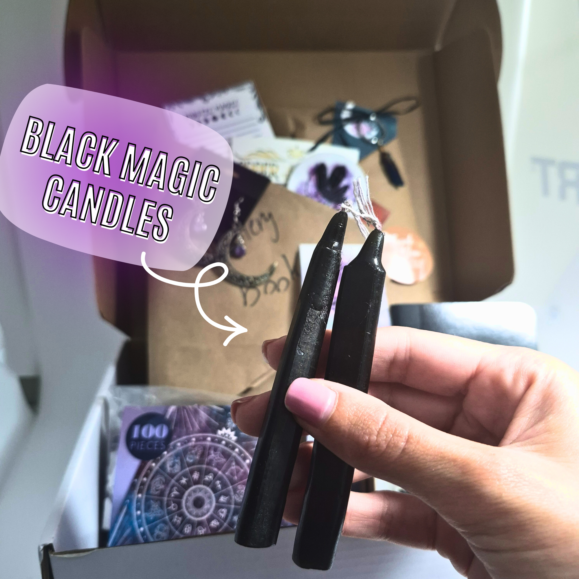 Mystic Magic Bookish Box front view – blind YA fantasy novel with witchy moon earrings, crystal keychain, bookmark