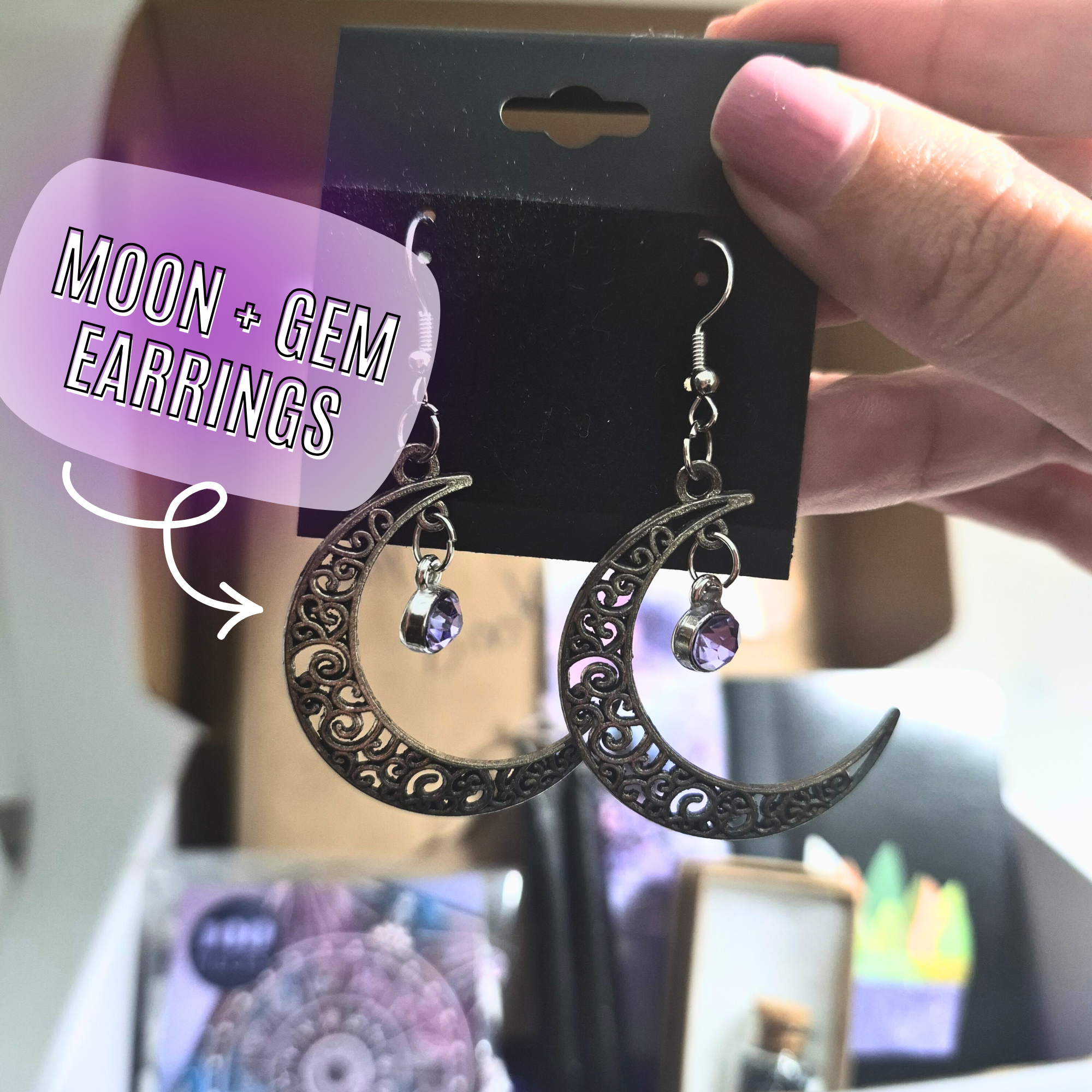 Mystic Magic Bookish Box front view – blind YA fantasy novel with witchy moon earrings, crystal keychain, bookmark