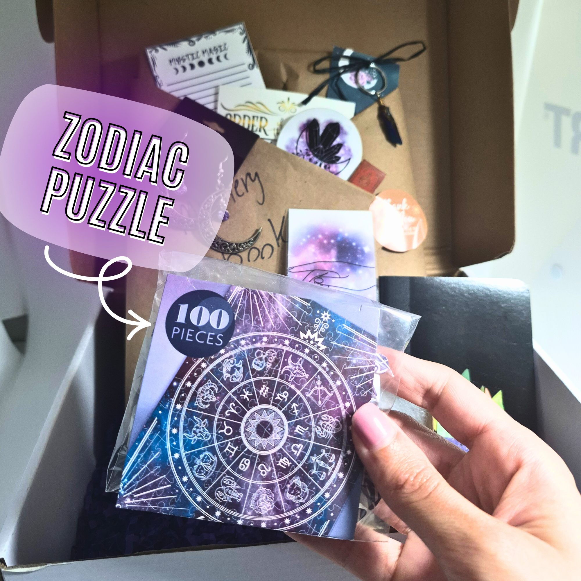 Mystic Magic Bookish Box front view – blind YA fantasy novel with witchy moon earrings, crystal keychain, bookmark