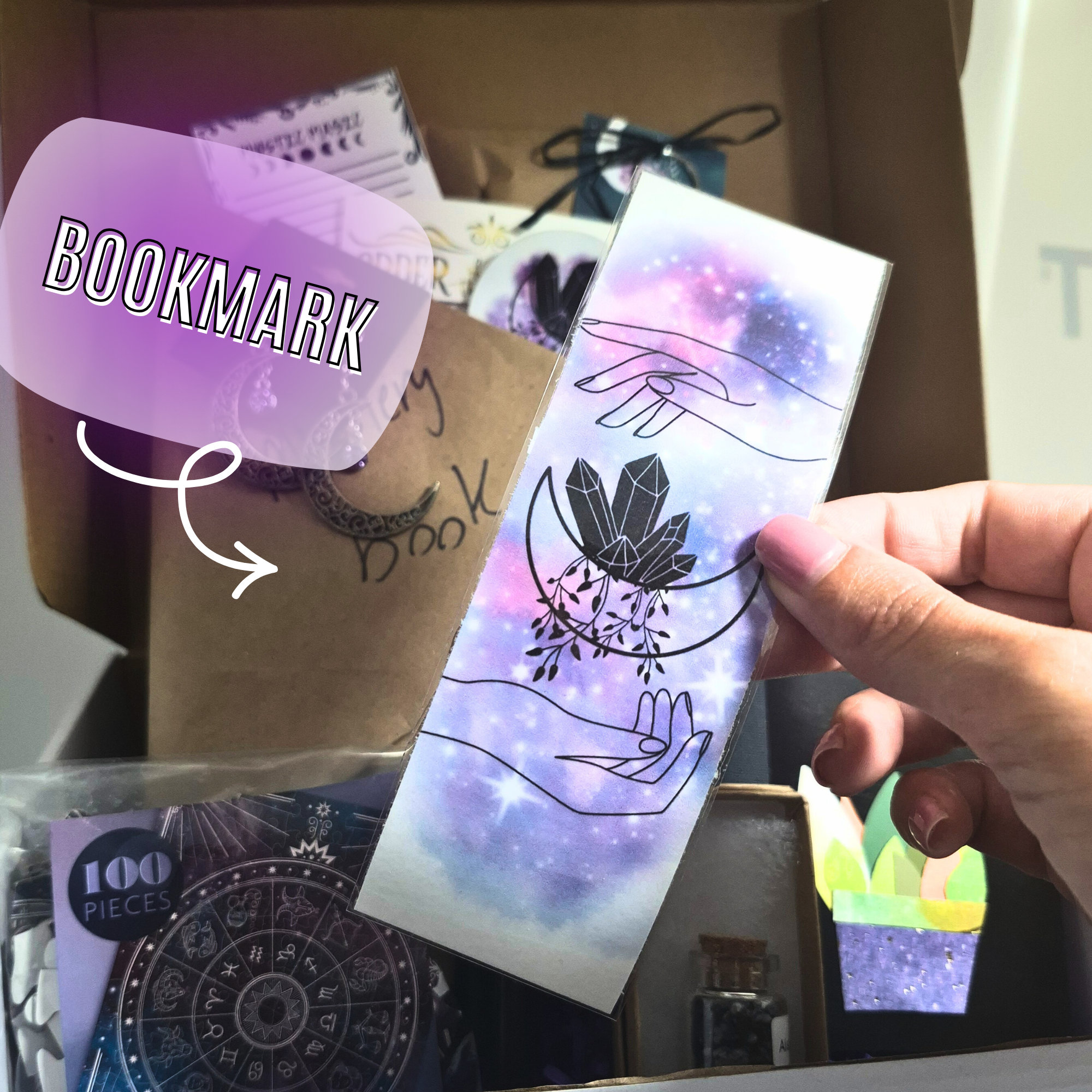 Mystic Magic Bookish Box front view – blind YA fantasy novel with witchy moon earrings, crystal keychain, bookmark