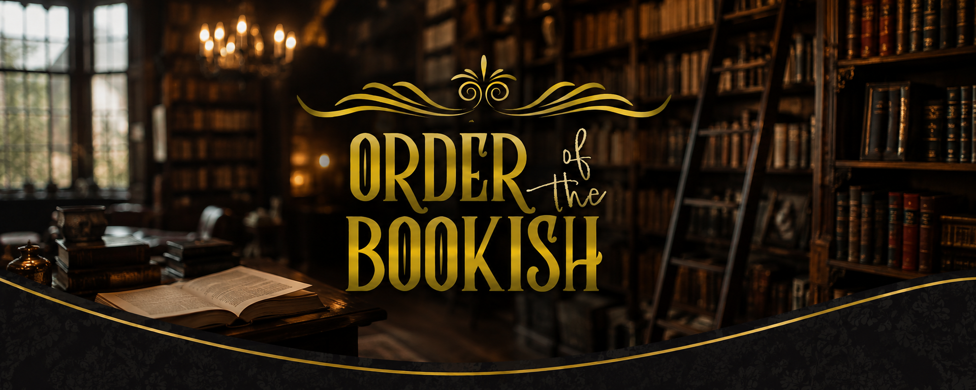 Order of the Bookish logo over a warm, moody library filled with bookshelves and softly blurred golden lighting.